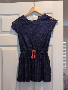 Peek Navy Lace Dress with Coral Tassel Belt